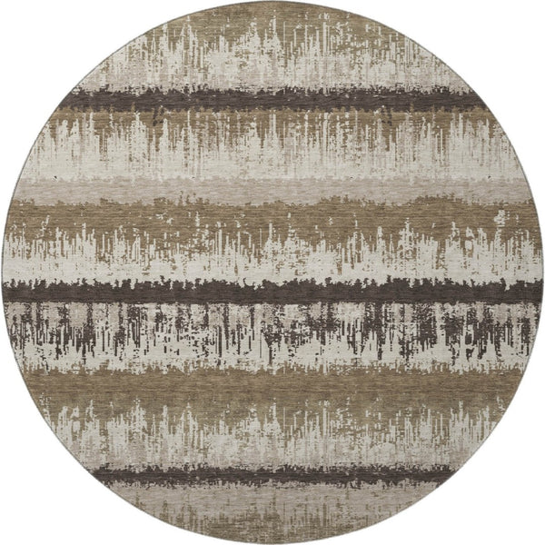HomeRoots 8' Stylish Brown Beige and Ivory Striped Round Rug - Washable, UV Protected, Durable for Busy Homes 679483