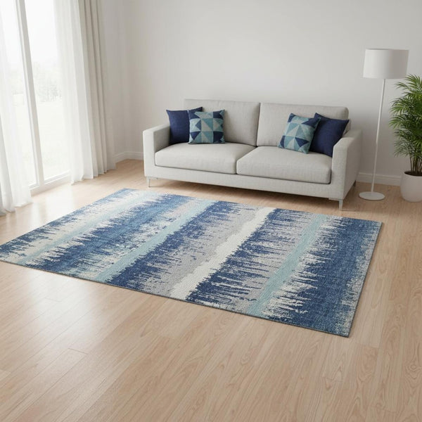 HomeRoots 5' X 8' Coastal-Inspired Blue, Ivory & Gray Striped Washable Area Rug with UV & Stain Protection 679488