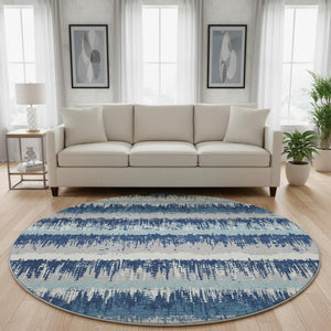 HomeRoots 8' Blue Ivory and Gray Striped Round Rug – Washable, UV Protected, Durable, Stain-Resistant Design 679489