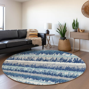 HomeRoots 8' Blue Ivory and Gray Striped Round Rug – Washable, UV Protected, Durable, Stain-Resistant Design 679489