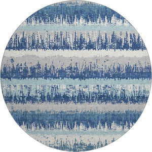 HomeRoots 8' Blue Ivory and Gray Striped Round Rug – Washable, UV Protected, Durable, Stain-Resistant Design 679489