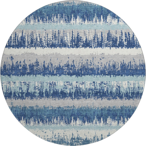 HomeRoots 8' Blue Ivory and Gray Striped Round Rug – Washable, UV Protected, Durable, Stain-Resistant Design 679489