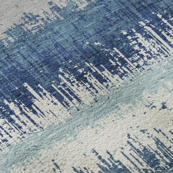 HomeRoots 8' Blue Ivory and Gray Striped Round Rug – Washable, UV Protected, Durable, Stain-Resistant Design 679489