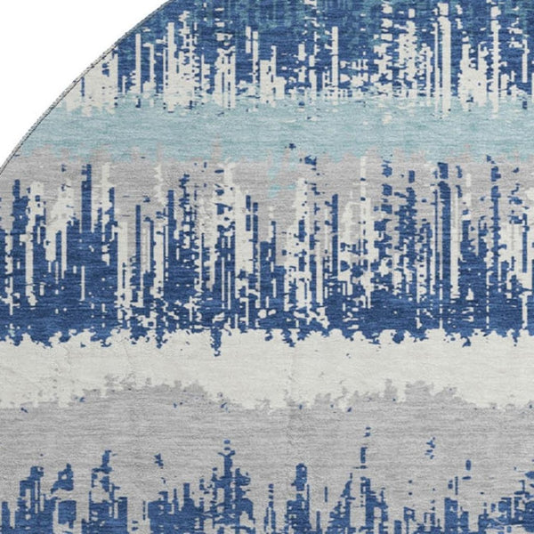 HomeRoots 8' Blue Ivory and Gray Striped Round Rug – Washable, UV Protected, Durable, Stain-Resistant Design 679489