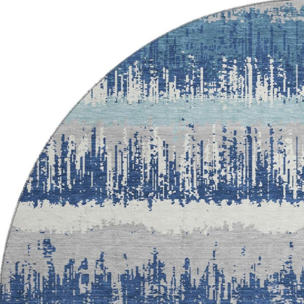 HomeRoots 8' Blue Ivory and Gray Striped Round Rug – Washable, UV Protected, Durable, Stain-Resistant Design 679489