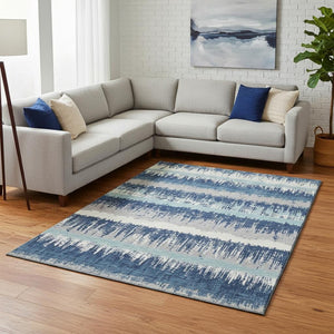 HomeRoots 8' X 10' Striped Washable Area Rug in Blue, Ivory & Gray - Durable, UV Protected for High-Traffic Areas 679490