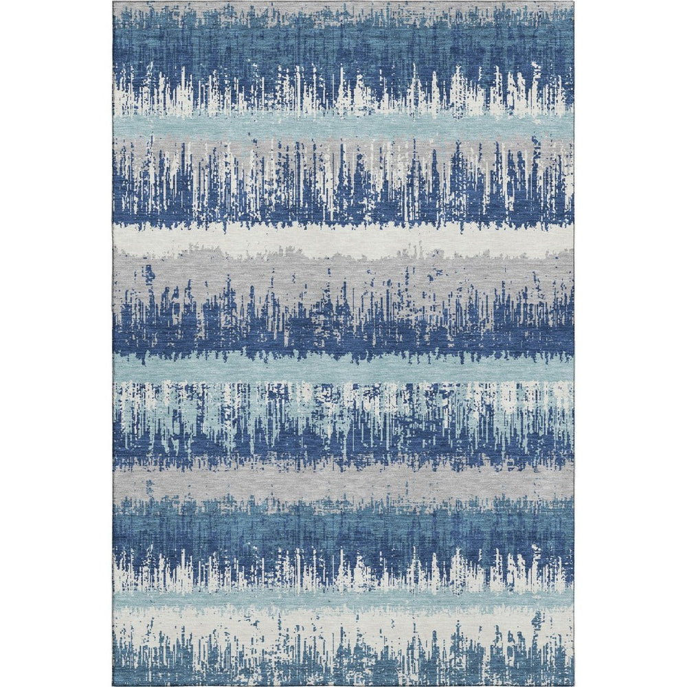 HomeRoots 8' X 10' Striped Washable Area Rug in Blue, Ivory & Gray - Durable, UV Protected for High-Traffic Areas 679490