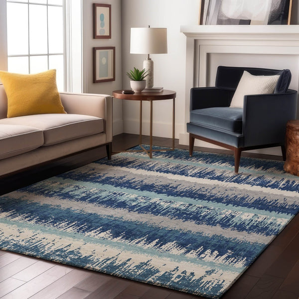 HomeRoots 9' X 12' Coastal-Inspired Blue Ivory Gray Striped Washable Area Rug with UV Protection & Durability 679491