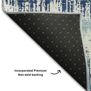 HomeRoots 9' X 12' Coastal-Inspired Blue Ivory Gray Striped Washable Area Rug with UV Protection & Durability 679491