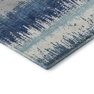 HomeRoots 9' X 12' Coastal-Inspired Blue Ivory Gray Striped Washable Area Rug with UV Protection & Durability 679491