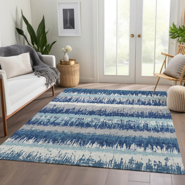 HomeRoots 9' X 12' Coastal-Inspired Blue Ivory Gray Striped Washable Area Rug with UV Protection & Durability 679491