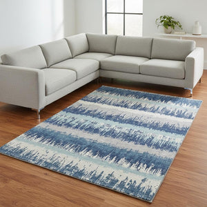 HomeRoots 10' X 14' Stylish Blue Ivory Gray Striped Washable Area Rug with UV Protection for Indoor & Outdoor Use 679492