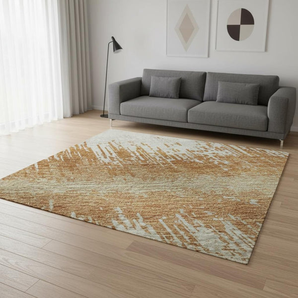 HomeRoots 5' X 8' Copper Beige Ivory Striped Washable Area Rug with UV Protection for Modern Spaces 679494