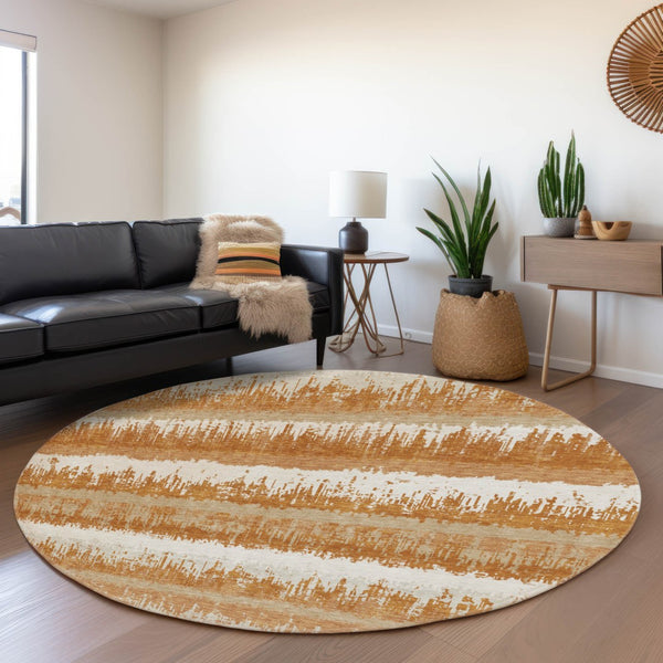 HomeRoots 8' Washable Round Rug in Copper, Beige & Ivory Stripes – Durable, UV-Protected & Stain-Resistant Design 679495