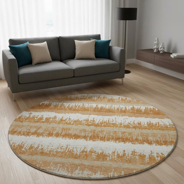 HomeRoots 8' Washable Round Rug in Copper, Beige & Ivory Stripes – Durable, UV-Protected & Stain-Resistant Design 679495