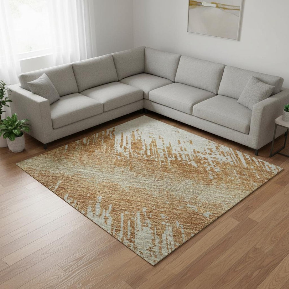 HomeRoots 8' X 10' Copper Beige & Ivory Striped Washable Area Rug with UV Protection for Family-Friendly Spaces 679496