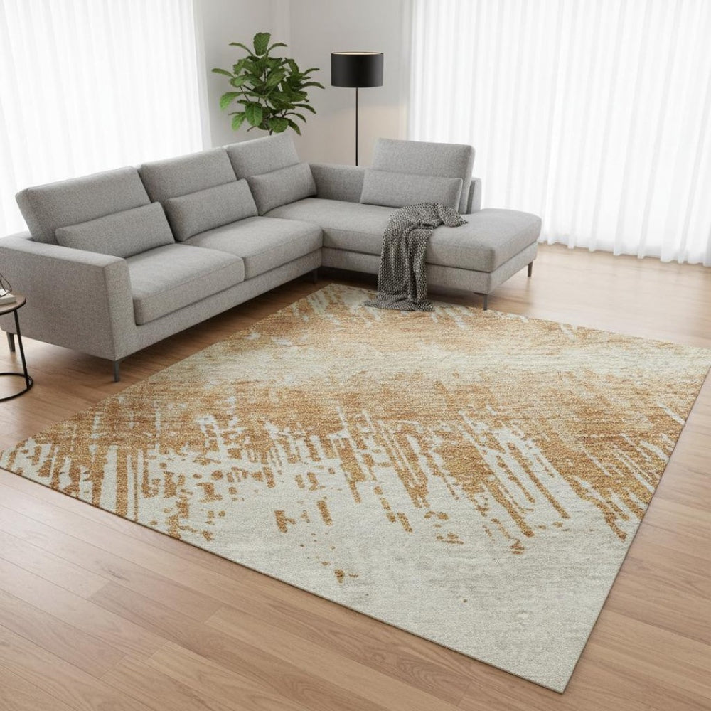 HomeRoots 9' X 12' Washable Copper Beige & Ivory Striped Area Rug – Durable, Stain-Resistant, UV Protected Style 679497