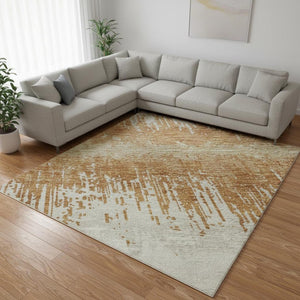 HomeRoots 10' X 14' Striped Washable Area Rug in Copper Beige & Ivory - Durable, UV-Protected & Stylish 679498