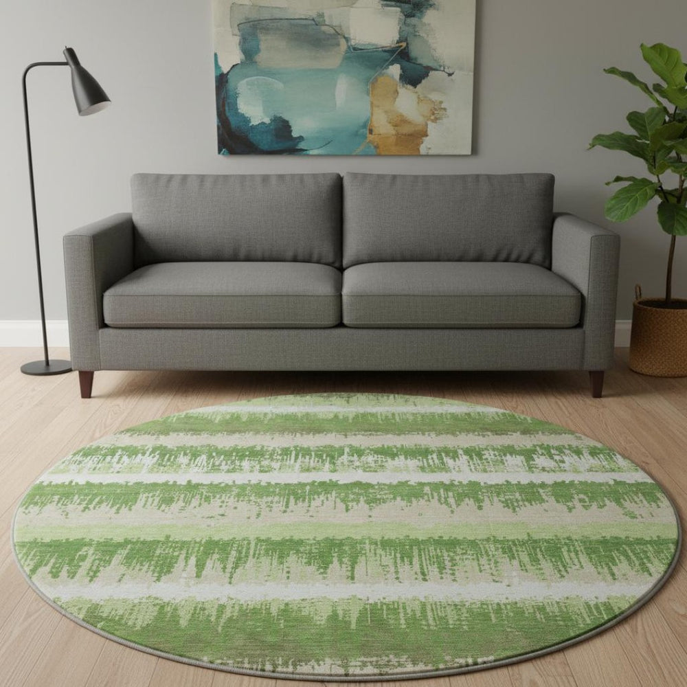 HomeRoots 8' Green Ivory Beige Striped Washable Round Rug - UV Protected, Stain Resistant, Perfect for Families 679501