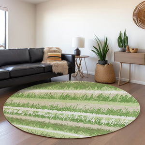 HomeRoots 8' Green Ivory Beige Striped Washable Round Rug - UV Protected, Stain Resistant, Perfect for Families 679501