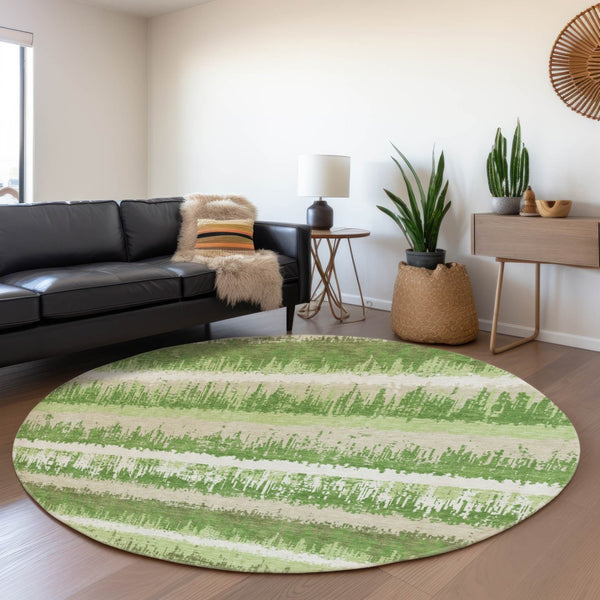 HomeRoots 8' Green Ivory Beige Striped Washable Round Rug - UV Protected, Stain Resistant, Perfect for Families 679501