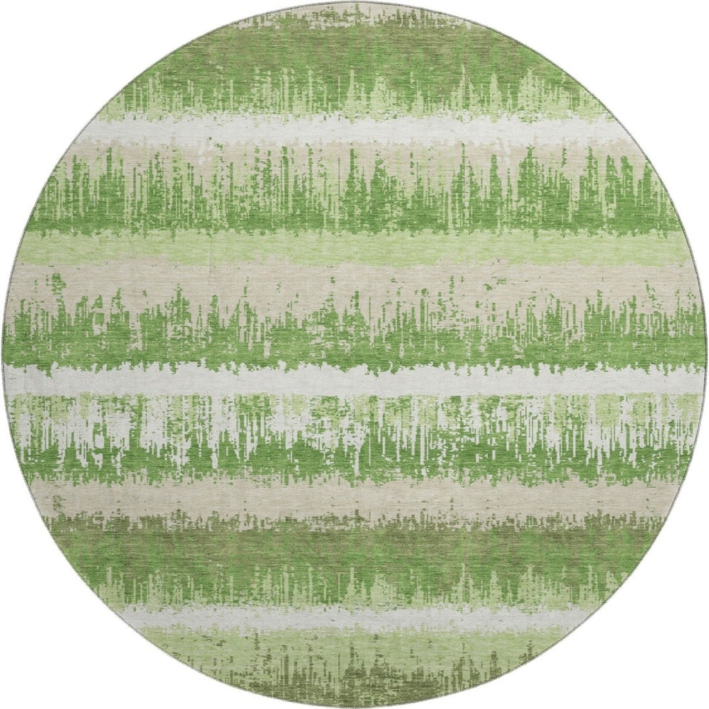 HomeRoots 8' Green Ivory Beige Striped Washable Round Rug - UV Protected, Stain Resistant, Perfect for Families 679501