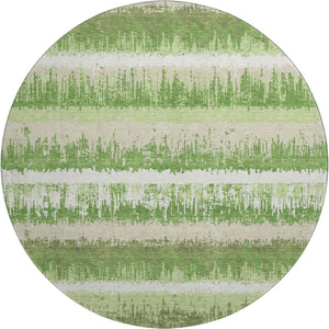 HomeRoots 8' Green Ivory Beige Striped Washable Round Rug - UV Protected, Stain Resistant, Perfect for Families 679501