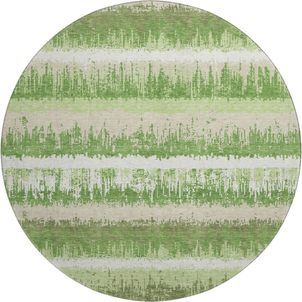 HomeRoots 8' Green Ivory Beige Striped Washable Round Rug - UV Protected, Stain Resistant, Perfect for Families 679501