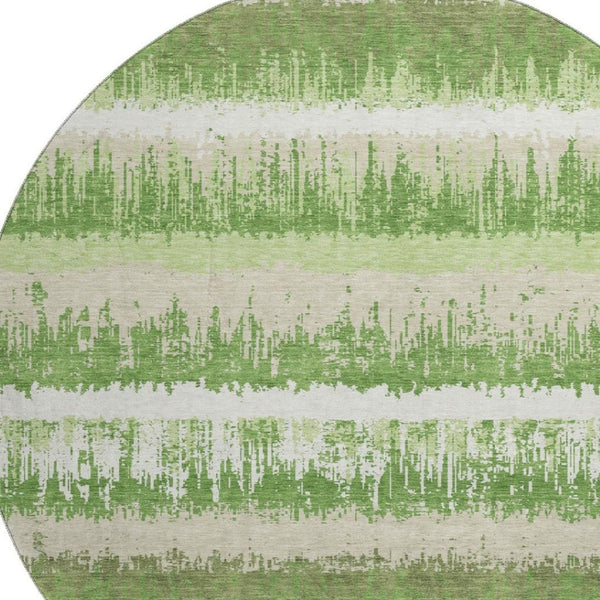 HomeRoots 8' Green Ivory Beige Striped Washable Round Rug - UV Protected, Stain Resistant, Perfect for Families 679501