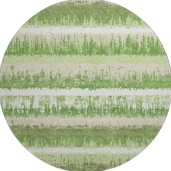 HomeRoots 8' Green Ivory Beige Striped Washable Round Rug - UV Protected, Stain Resistant, Perfect for Families 679501