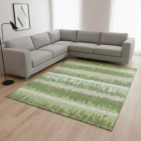 HomeRoots 8' X 10' Striped Area Rug in Green, Ivory & Beige – Washable, UV-Protected, Perfect for Busy Spaces! 679502