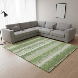 HomeRoots 9' X 12' Striped Area Rug in Green, Ivory & Beige – Washable, UV Protected, and Perfect for Families 679503