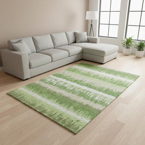 HomeRoots 10' X 14' Stylish Green Ivory Beige Striped Area Rug - Washable, UV Protected, Pet-Friendly Design 679504