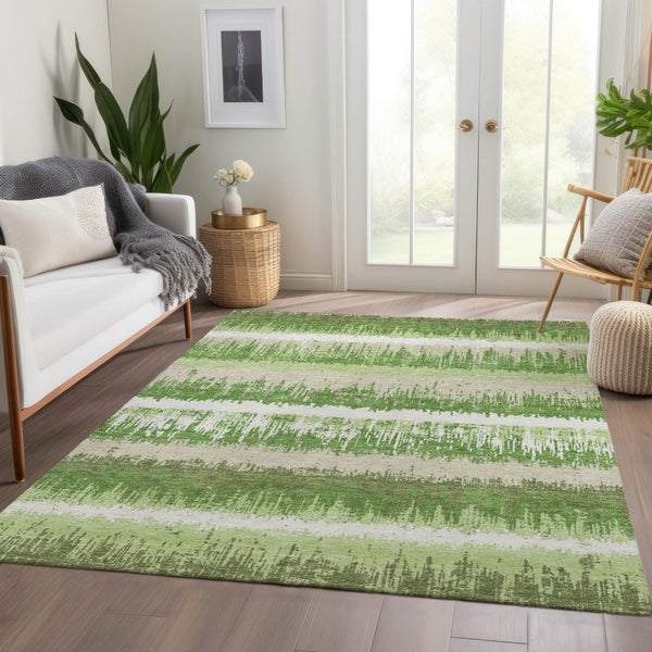 HomeRoots 10' X 14' Stylish Green Ivory Beige Striped Area Rug - Washable, UV Protected, Pet-Friendly Design 679504