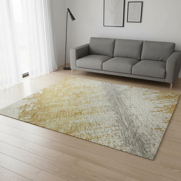 HomeRoots 5' X 8' Striped Washable Area Rug in Gold, Gray & Ivory - Durable, Stain-Resistant, UV Protected Design 679506
