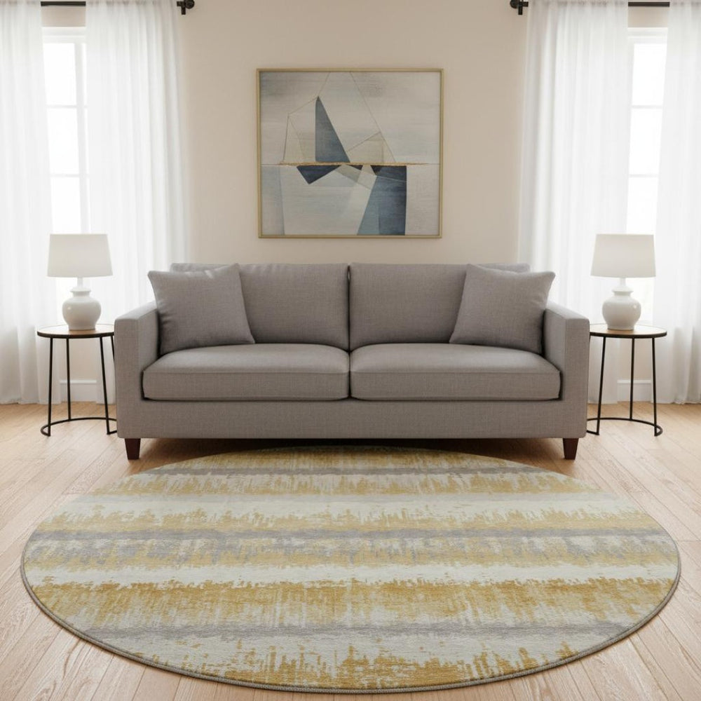 HomeRoots 8' Striped Round Rug in Gold, Gray & Ivory – Washable, UV-Protected, Durable for High-Traffic Homes 679507