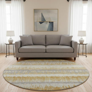 HomeRoots 8' Striped Round Rug in Gold, Gray & Ivory – Washable, UV-Protected, Durable for High-Traffic Homes 679507