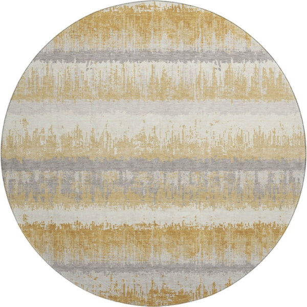 HomeRoots 8' Striped Round Rug in Gold, Gray & Ivory – Washable, UV-Protected, Durable for High-Traffic Homes 679507