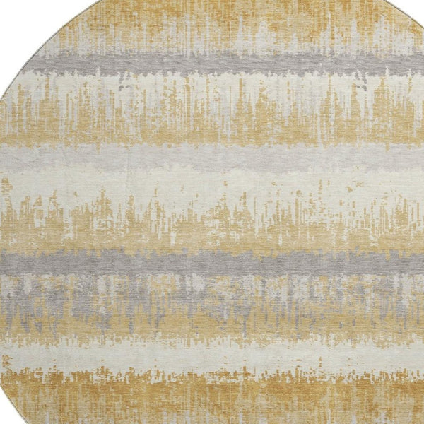 HomeRoots 8' Striped Round Rug in Gold, Gray & Ivory – Washable, UV-Protected, Durable for High-Traffic Homes 679507