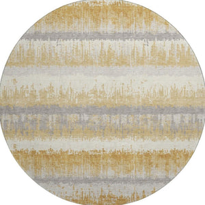 HomeRoots 8' Striped Round Rug in Gold, Gray & Ivory – Washable, UV-Protected, Durable for High-Traffic Homes 679507