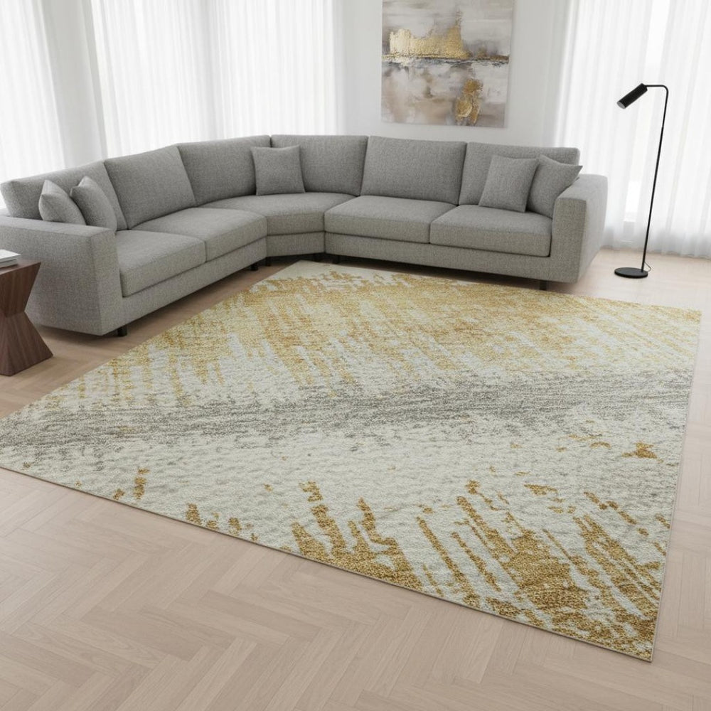 HomeRoots 8' X 10' Washable Area Rug in Gold, Gray & Ivory Stripes with UV Protection for Stylish Durability 679508