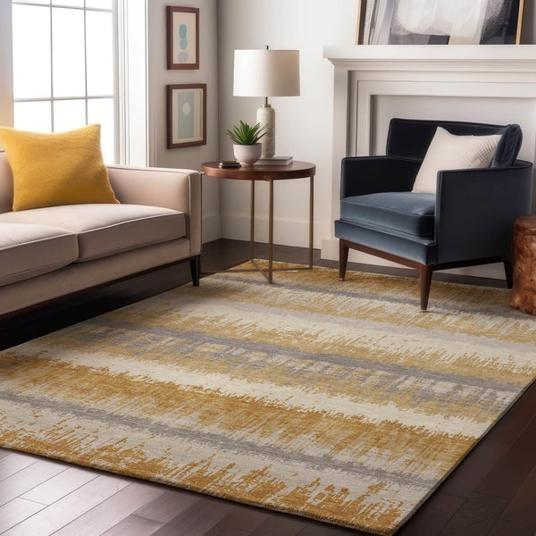 HomeRoots 9' X 12' Striped Washable Area Rug in Gold, Gray & Ivory - UV Protected, Durable & Easy Care! 679509