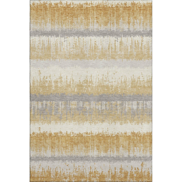 HomeRoots 9' X 12' Striped Washable Area Rug in Gold, Gray & Ivory - UV Protected, Durable & Easy Care! 679509