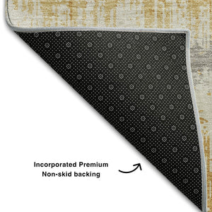 HomeRoots 9' X 12' Striped Washable Area Rug in Gold, Gray & Ivory - UV Protected, Durable & Easy Care! 679509