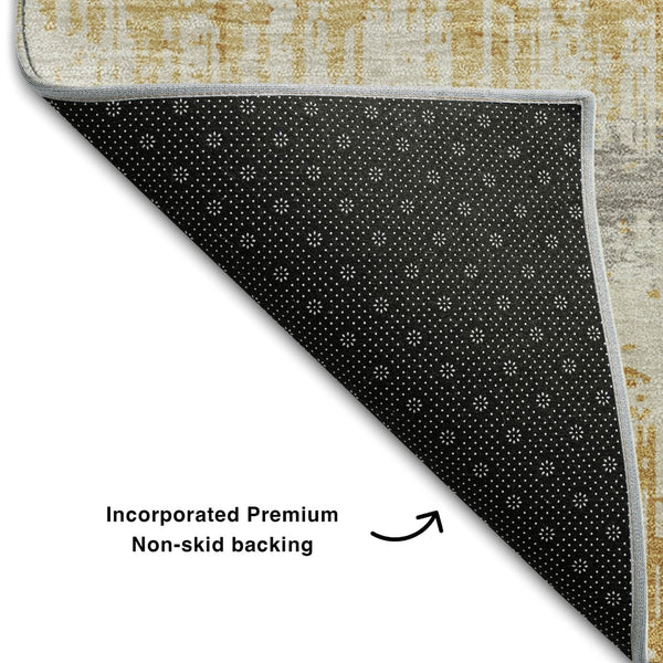 HomeRoots 9' X 12' Striped Washable Area Rug in Gold, Gray & Ivory - UV Protected, Durable & Easy Care! 679509