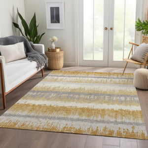 HomeRoots 9' X 12' Striped Washable Area Rug in Gold, Gray & Ivory - UV Protected, Durable & Easy Care! 679509