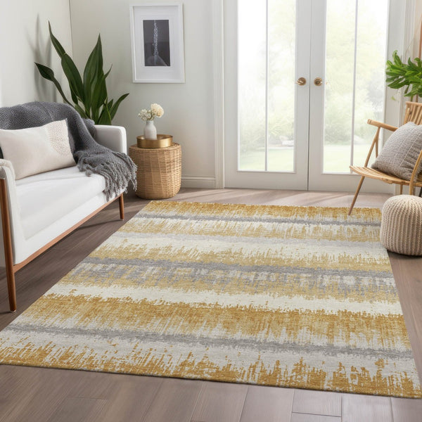 HomeRoots 9' X 12' Striped Washable Area Rug in Gold, Gray & Ivory - UV Protected, Durable & Easy Care! 679509