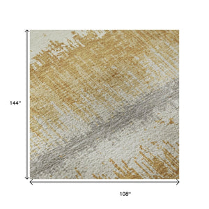 HomeRoots 9' X 12' Striped Washable Area Rug in Gold, Gray & Ivory - UV Protected, Durable & Easy Care! 679509