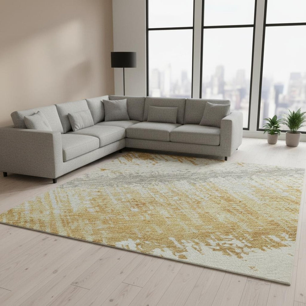 HomeRoots 9' X 12' Striped Washable Area Rug in Gold, Gray & Ivory - UV Protected, Durable & Easy Care! 679509