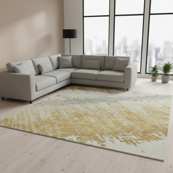 HomeRoots 9' X 12' Striped Washable Area Rug in Gold, Gray & Ivory - UV Protected, Durable & Easy Care! 679509
